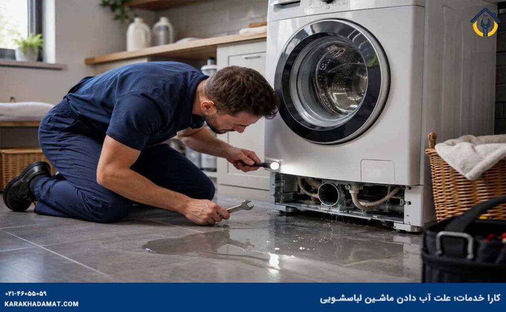 تکنسین در حال تعمیر آب دادن لباسشویی